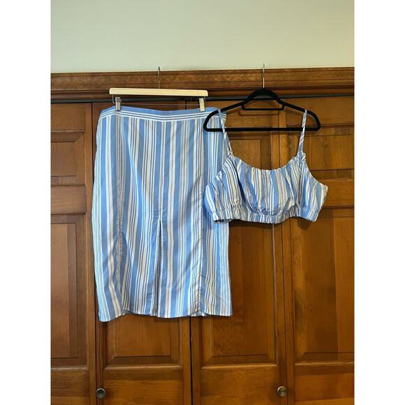 NWT Lemlem x H&M Women's Stripe Linen Blend Top/Midi Skirt Set Blue/White SZ 18 - Picture 2 of 14